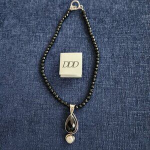 Signed DDD 925 Sterling Silver Dominique Dinouart Onyx Abalone Necklace Pendant